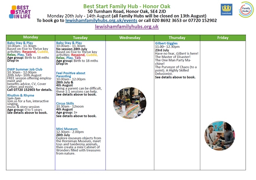 Family Hubs summer timetable for Honor Oak Family Hub.