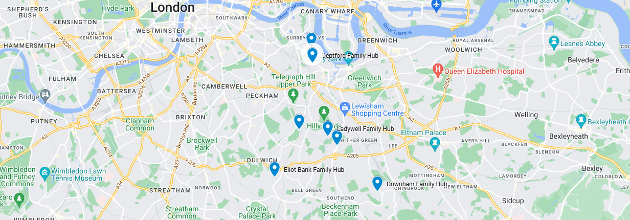 static map of Lewisham Family Hubs