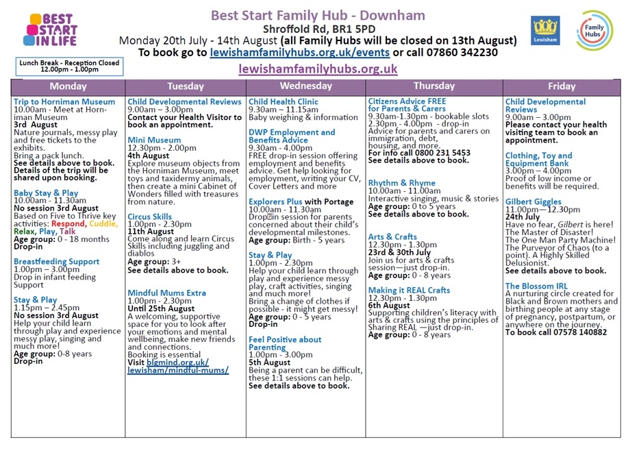Summer timetable of Downham Family Hub 2026.