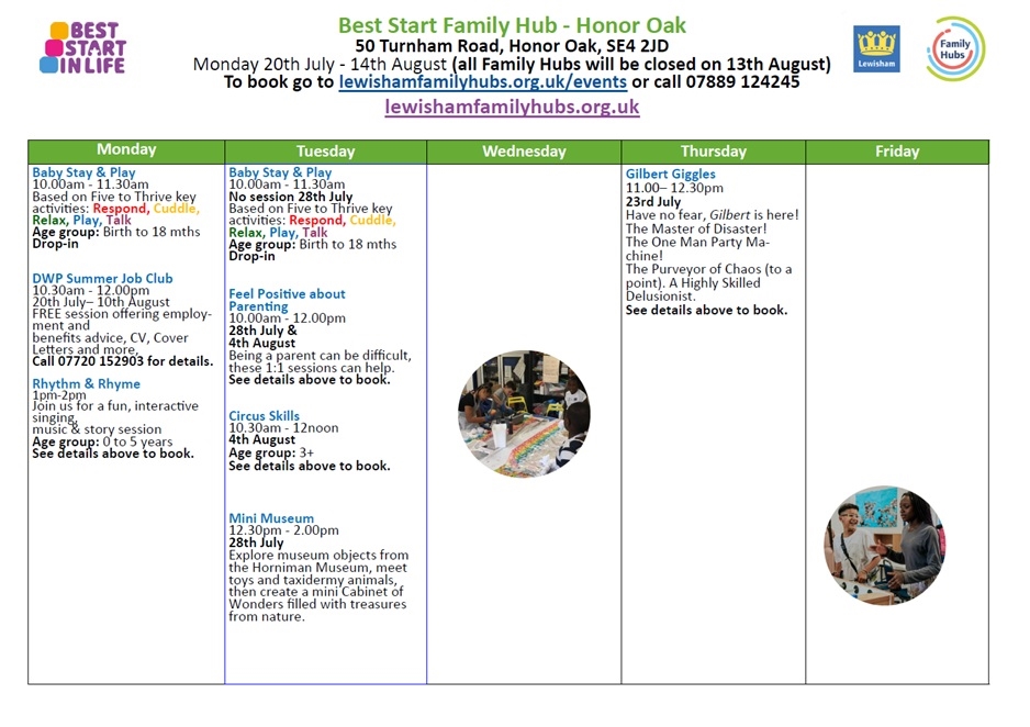 Summer timetable of Honor Oak Family Hub 2026.